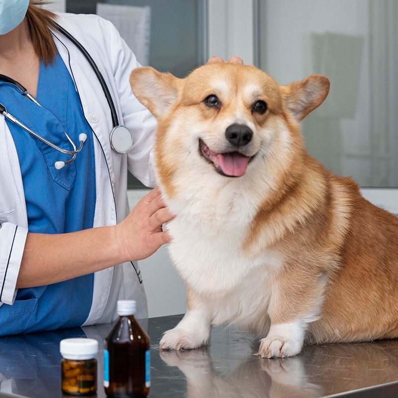 a veterinarian gently holds a dog